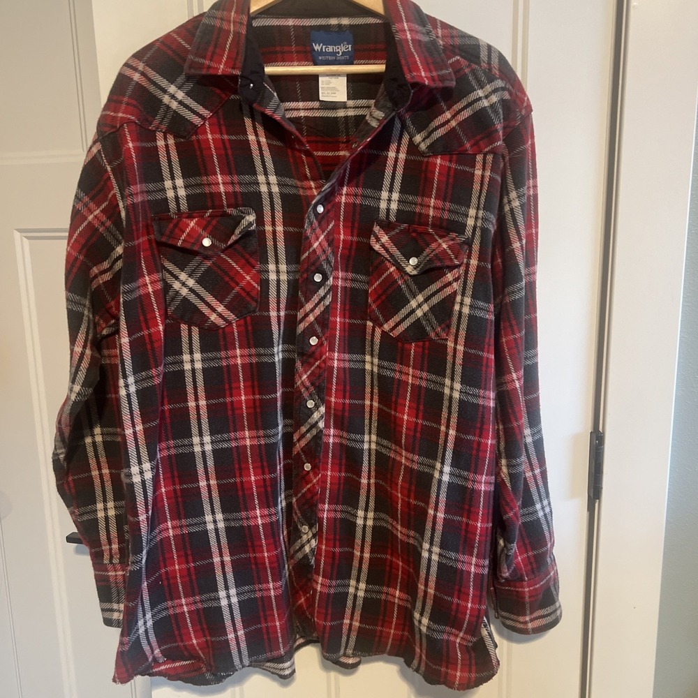 Wrangler Wrancher Pearl Snap Flannel XLT Tall Red Button Up Western Shirt VTG